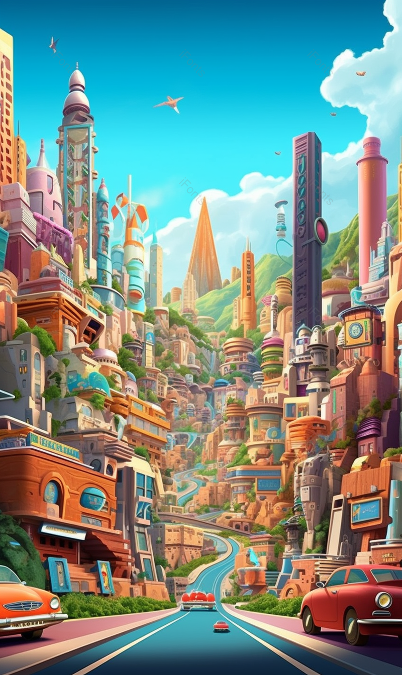 春天夏天季节繁华的都市城市中高楼大厦房屋建筑汽车行驶在马路上,插画/手绘图,插画/手绘图库,插画/手绘图下载,插画/手绘